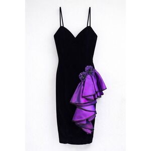 Vintage Cache Black Velvet Purple Satin Ruffle Party Dress 8
